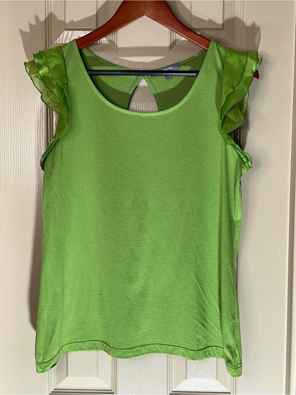 NY Collection Green Ruffle Sleeve Top Womens Size Large Keyhole Back Knit Blouse